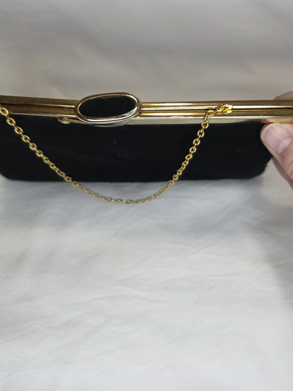 Vintage 1960's Etra Black Suede Evening Bag Gold Chain Lift Latch Clasp